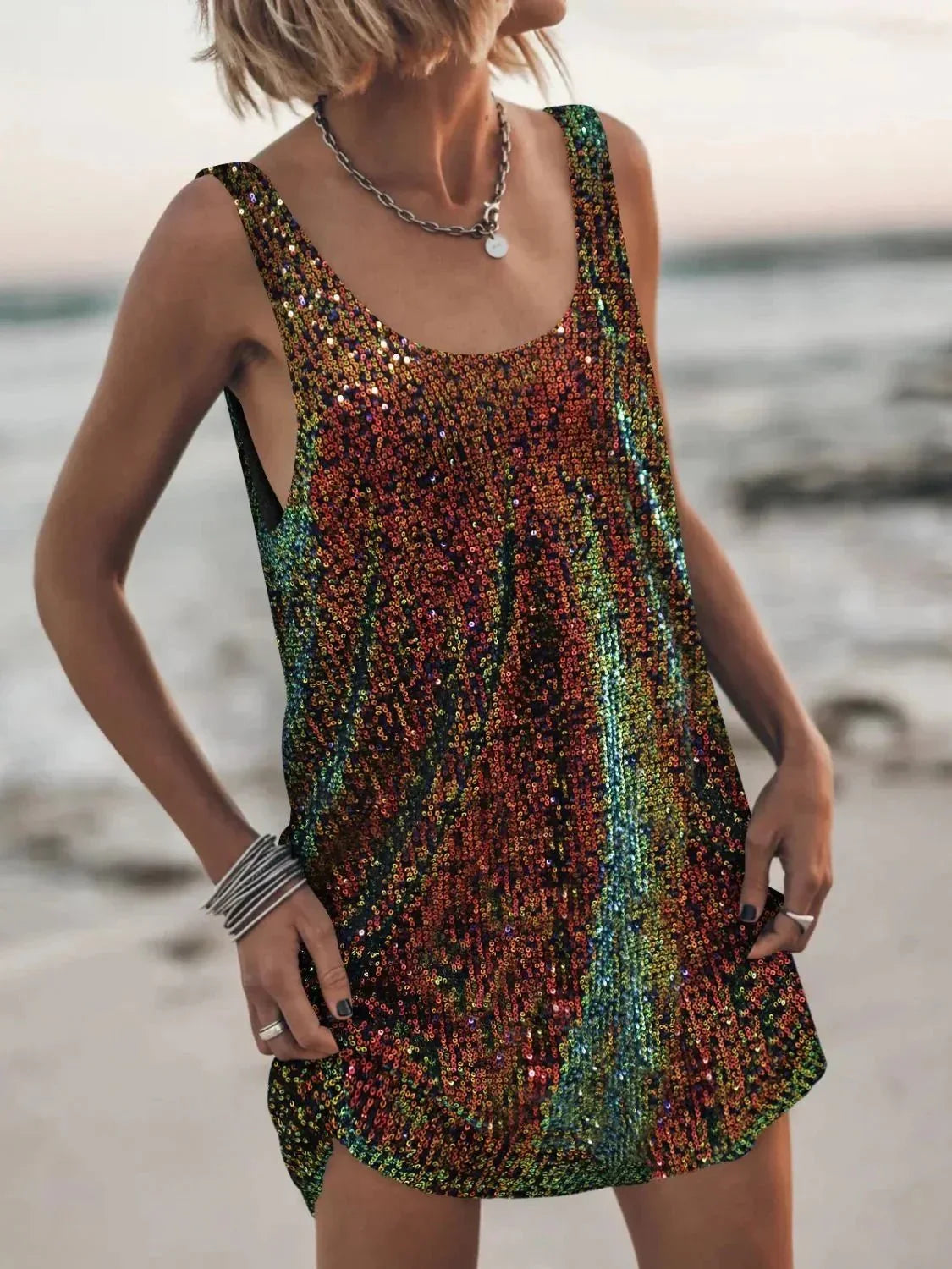 Sequin Scoop Neck Mini Dress - VILLA FASHION